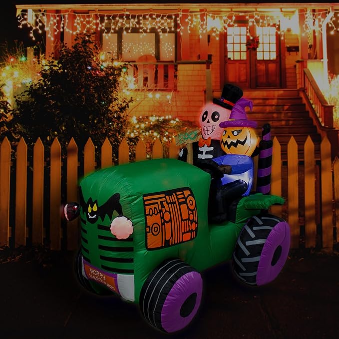5.5Ft Long Halloween Inflatable Ghost Tractor Decoration with LED Lights Halloween Blow up Car Outdoor Indoor Holiday Decorations Yard Decor Giant Lawn Inflatable Garden Party Decoration