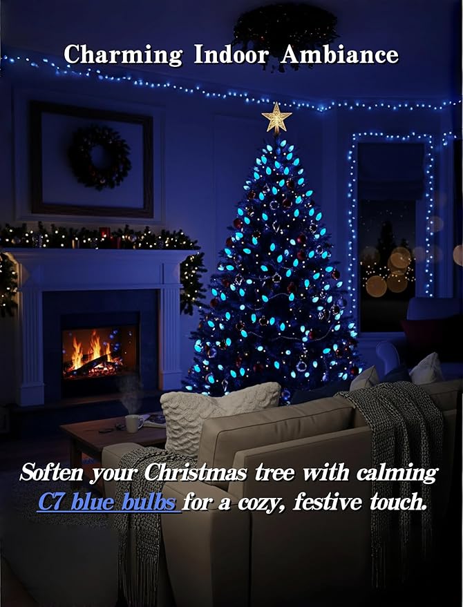 25-Pack C7 Blue Christmas Replacement Light Bulbs, 5W C7/E12 Candelabra Base Night Light Bulbs for Outdoor String Lights, Christmas Decorations, Patio and Party Lighting