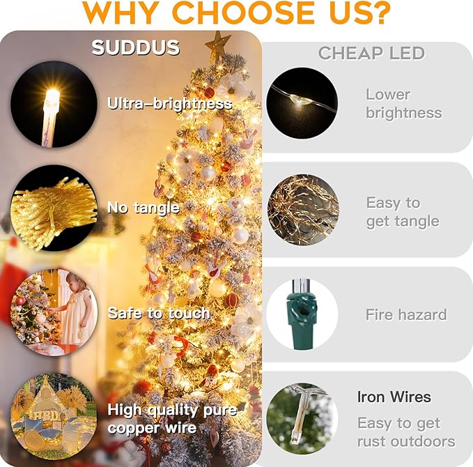 suddus 300 Led Connectable Christmas Lights Outdoor Waterproof, 99ft Christmas Tree Light Plug in with Remote, Warm White String Lights Indoor for Dorm Xmas Holiday Yard Party Porch Patio Garden Decor