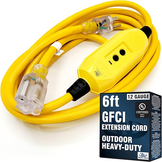 6 ft GFCI Extension Cord - Outdoor Extension Cord Waterproof - Heavy Duty Outdoor Extension Cords 6 ft - Watts Wire - 6' Grounded - GFI Cord