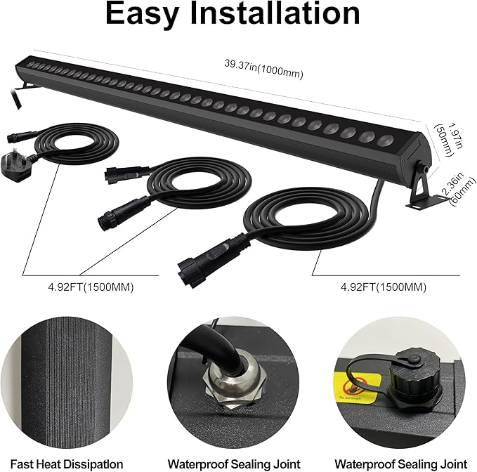 Linkable LED Light Bar Outdoor Color-Changing, 40″ RGBCW Wall Washer Light, 180W Smart Bluetooth App & Remote Control, 2700K-6500K Tunable White, IP65, for Stage, DJ, Home Patio & Commercial