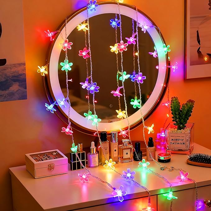 Flower Fairy String Lights, 33ft 100 LED Cherry Blossom Plug in Easter Christmas Tree Hanging Décor Lamp, Garden Bedroom Indoor Decorations for Fence, Wedding Birthday Party (Multicolor)