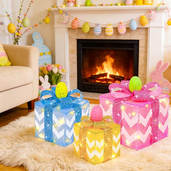 Timer & 8 Mode 3 Pack Easter Decorations, Pink Blue Yellow Easter Lighted Gift Boxes with Eggs Glitter Bow 60 LED Battery Operated Present Box, Easter Decor Spring Party Indoor Outdoor Home