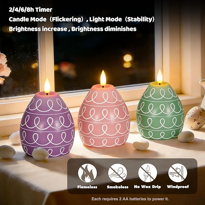 6PCS Easter Egg Flameless Candles,3 Color Scented Real Wax LED Candle,Egg Shape Flame Candle Set for Party Supplies Home Living Room Bedroom Party Decoration Centerpiece Easter Gifts Home Decor