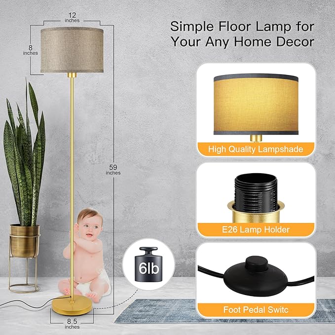 Gold Floor Lamp, Standing Lamp, Rustic Living Room Lamps with with Jute Shade, Foot Pedal Switch, Bright Farmhouse Tall Lamp, Corner Lamp for Bedroom Office (LED Bulbs Included)