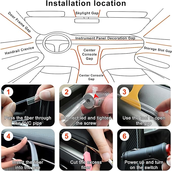 Interior Car LED Lights Wireless APP Control 5 in 1 RGB Ambient Lighting Kit with 236" Fiber Optic, 16 Million Colors Music Sync Waterproof LED Strip Lights for Cars Trucks SUVs Auto Interior Decor