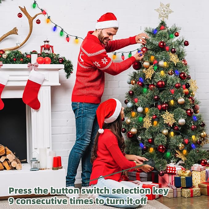 50LED C7 Multicolor Christmas Lights Battery Operated with 8 Mode Remote Control, 27.5FT 50pcs Twinkle C7 Light Bulbs for Colorful Christmas Tree Lights & Home Porch Yard Lawn Decorations