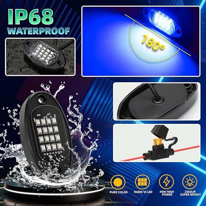 8 Pods Segmented RGB LED Rock Lights for Trucks Golf Cart Offroad Pickup SUV UTV, 12V Waterproof Underglow Lights Kit with APP/RF Multi Zone Control, Neon Multicolor Underbody Light with Brake