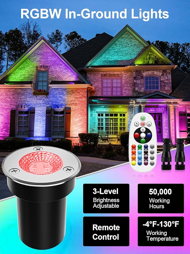 ZUCKEO RGB Low Voltage Landscape Lights LED Color Changing Well Lights, Outdoor In Ground Light Waterproof Accent Spotlights 12-24V Landscape Lighting for Yard Garden Pathway(8Pack with Connectors)
