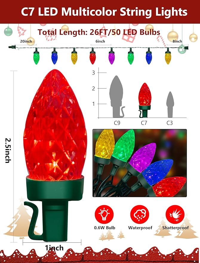 26Ft LED Christmas Lights Outdoor, C7 Vintage Christmas Lights with 52 Multicolor Strawberry Bulbs, Plug in Multicolor Fairy Lights for Indoor Patio Garden Party Wedding Christmas Decorations, Green