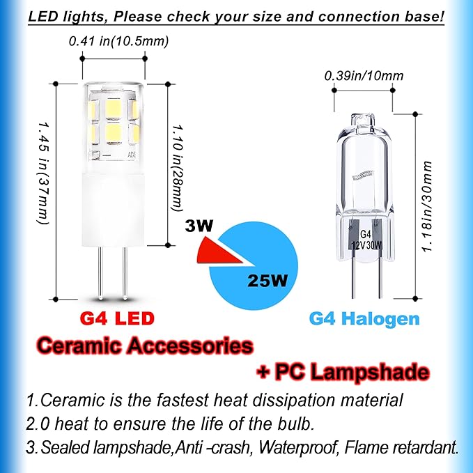G4 T3 LED RV Camper Trailer Bulbs 3W 12V, G4 20W 30W Halogen Equivalent,6000k Bright Daylight White,Low Voltage JC Bi-Pin Bulbs for Landscape Deck Stair Step Path Lighting,300 LM,(10Pack)