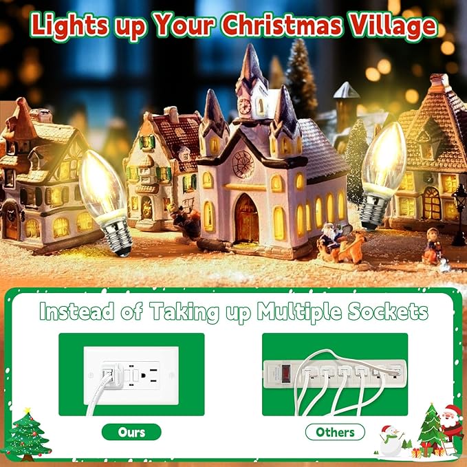 Accessory Cord with 6 LED Light Bulb Christmas Village Lights 11.8ft C7 Lamp Village Light Cord with Switch & Spare Fuse for Salt Lamp, Halloween Pumpkin, Xmas Village House Blow Mold