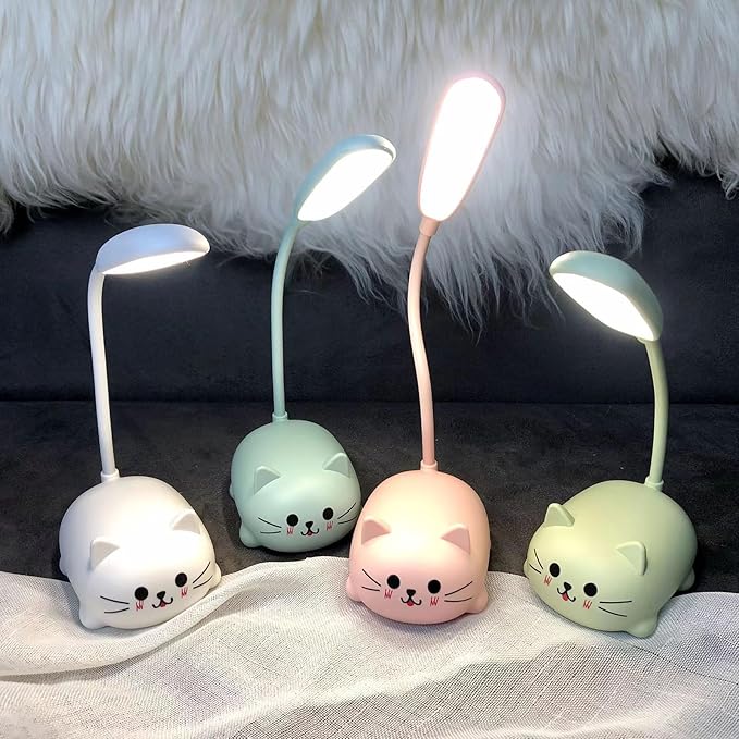 LED Desk Lamp for Kids, Cute Cat Lamp USB Rechargeable Reading Light,Portable LED Table Light, Flexible Gooseneck Eye-Care Cartoons Small Desk Lamp Girls Gifts (Green)