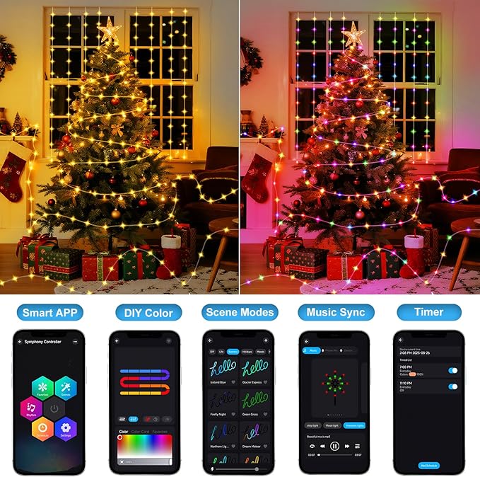Aogist 2-Pack Color Changing 16ft 50LED Smart Fairy Lights with Music Sync APP Remote Control,USB/Battery Operated Waterproof Timer String Lights for Outdoor Christmas Wedding Bedroom Party Decor