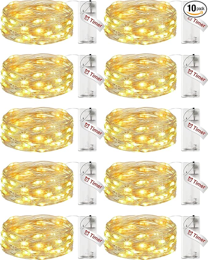 【10 Pack】Fairy Lights Battery Operated with Timer, 7FT 20LED String Lights Waterproof Silver Wire Fairy Light Battery Powered Twinkle Lights for Bedroom Christmas Wedding Indoor Party Decor Warm White