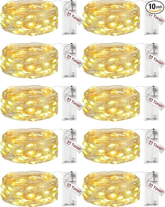 【10 Pack】Fairy Lights Battery Operated with Timer, 7FT 20LED String Lights Waterproof Silver Wire Fairy Light Battery Powered Twinkle Lights for Bedroom Christmas Wedding Indoor Party Decor Warm White