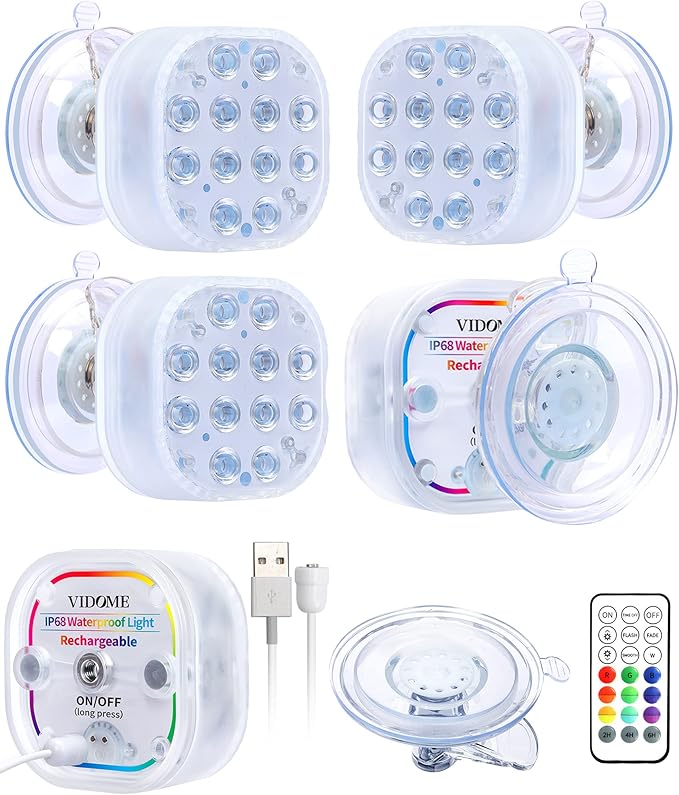 Rechargeable Pool Lights for Above Ground Pools, Led Lights for Inground Pool Waterproof, Submersible Led Pool Lights Underwater with Remote & Suction Cup 16 Colors Magnetic Pond Light 4 Sets