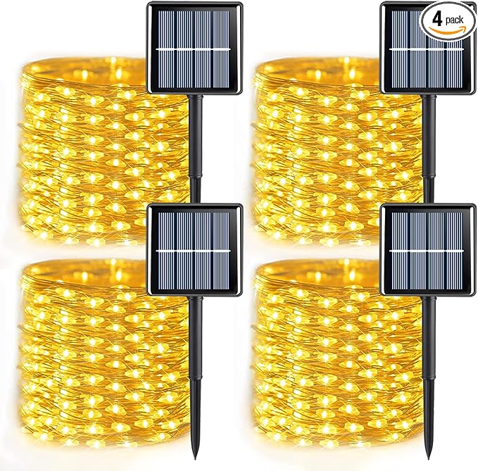 QITONG 4 Pack Warm White Solar Christmas Lights, Each 33ft 100 LED Fairy Light Outdoor Waterproof, 8 Modes Copper Wire Mini Twinkle Lights for Outside