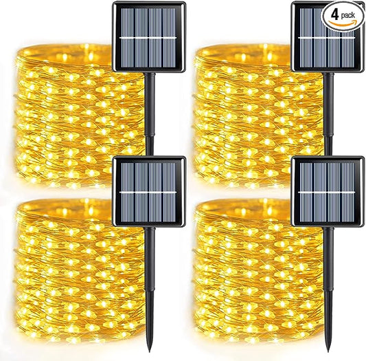 QITONG 4 Pack Warm White Solar Christmas Lights, Each 33ft 100 LED Fairy Light Outdoor Waterproof, 8 Modes Copper Wire Mini Twinkle Lights for Outside