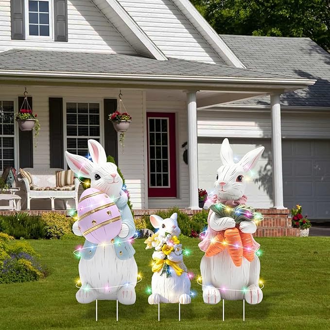 Extra Large Easter Decorations Outdoor Bunny Yard Signs 3pcs with Stakes Cute Bunny Yard Decorations with LED Lights Holiday Welcome Signs for Party, Lawn, Garden Yard Decor