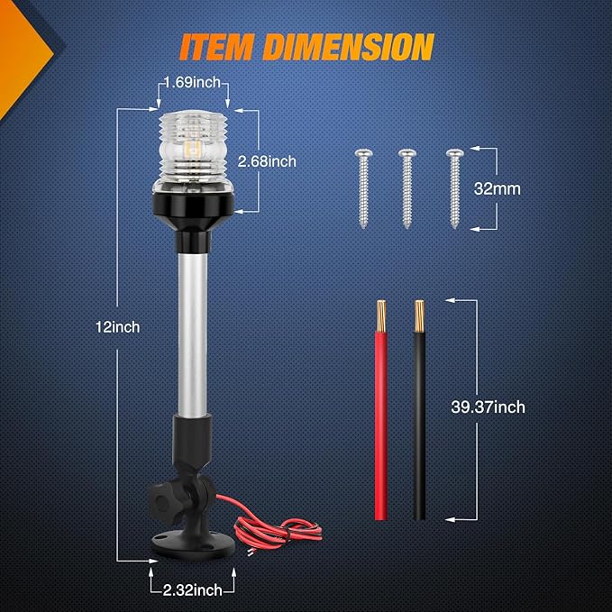 Nilight Marine Boat Stern Light 12Inch White Fold Down Anchor Lights 12V 24V Waterproof 360° Lighting Navigation Lamp for Fishing Sailboat Yacht Pontoon Speedboat Dinghy