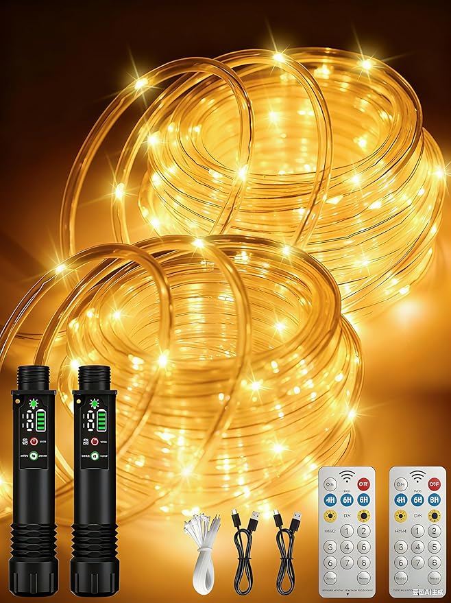 Rechargeable Rope Lights, 79FT 240LED Outdoor Waterproof String Lights with 1200mah Portable Rechargeable Battery, Timing & 8 Modes for Party Christmas Camping DIY Tree trampoline - Warm White 2 Pack