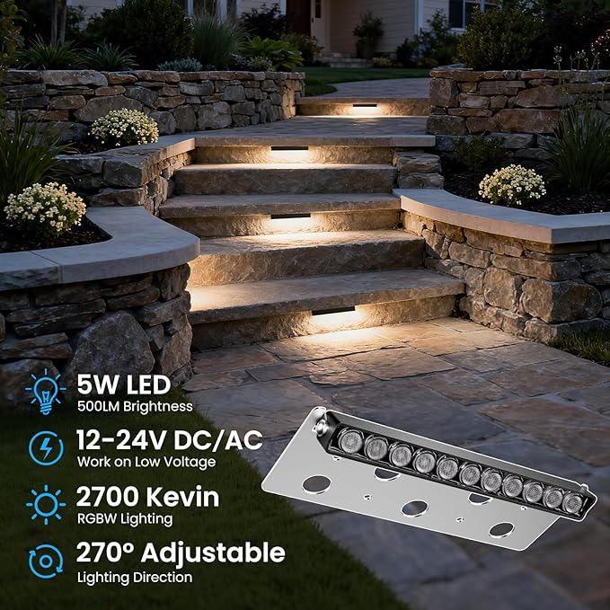 8 Inch Retaining Wall Lights, 5W LED Hardscape Lighting with Sensor Transformer, 12-24V AC/DC 2700K Low Voltage LED Landscape Lighting Kit, IP68 Waterproof Outdoor Step Lights (8 Pack)
