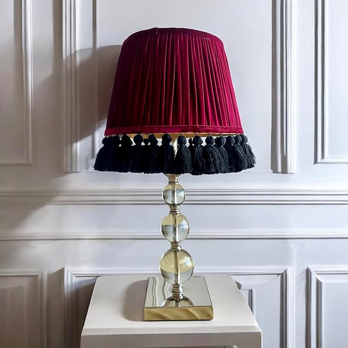 Tristan Home Round Pleated Velvet Lamp Shade with Tassels 10x14x12inches (The Height 12inch Includes Tassels) (Red Wine Burgundy)