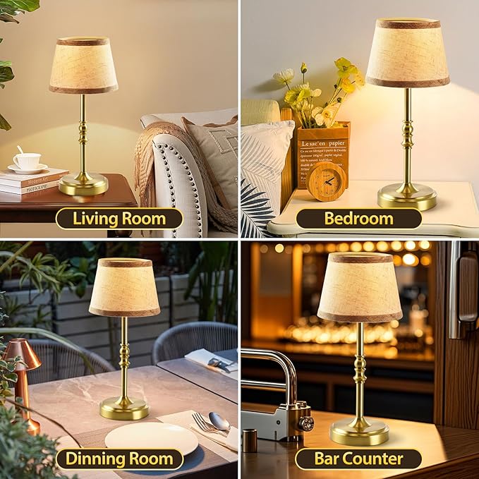 Small Gold Rechargeable Table Lamp,12-14 Inch Tall Vintage Style,Battery Powered Cordless Desk Lamp,Mini Touch Control Bedside Lamp,Warm Light 3000K for Nightstand Bedroom Counter Living Room-2 Pack