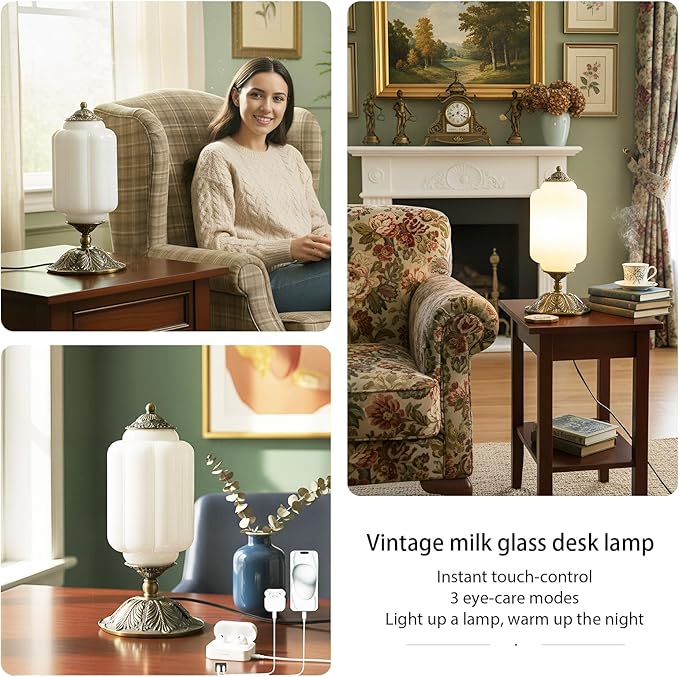 Vintage Touch Bedside Table Lamp, Elegant Milk White Glass Desk Lamp 3 Way Dimmable with USB C+A Charging Ports - Bedroom Nightstand & Living Room Essential (Vintage White, 6.5)