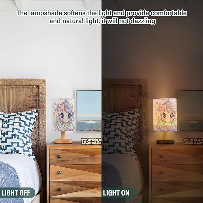 Cute Unicorn with Colorful Heart Reading Books Bedside Table Lamps with USB Port for Bedroom Lamp Table Lamp Small Nightstand Lamp Sturdy Linen Shade Decorative Lamps for Kids Reading Dome Home
