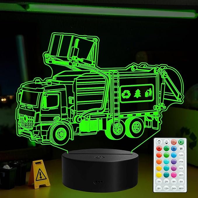 Garbage Truck Night Light, Garbage Truck Gifts, 3D Illusion Lamp with Remote Control, 16 RGB Colors, 4 Flashing Modes, Timer, Dimmable, Trash Truck Gifts Room Decoration for Holiday Birthday Christmas