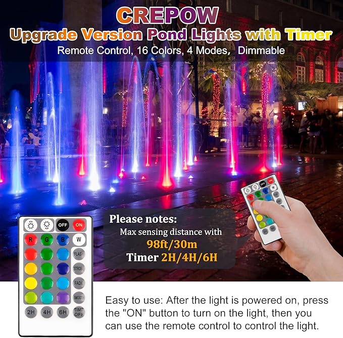 RGBW Pond Lights with Timer, 18 LED Super Bright Underwater Submersible Fountain Lights Color Changing Spotlights, Remote Control IP68 Waterproof for Fish Aquarium Tank Garden Pool (Set of 4)