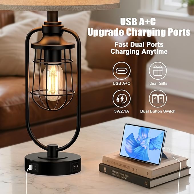 24" Farmhouse Table Lamps for Living Room Set of 2, Black Rustic Lamps for Night Stands with USB Ports, Industrial Bedside Lamp for Bedroom End Tables, Bulbs Included