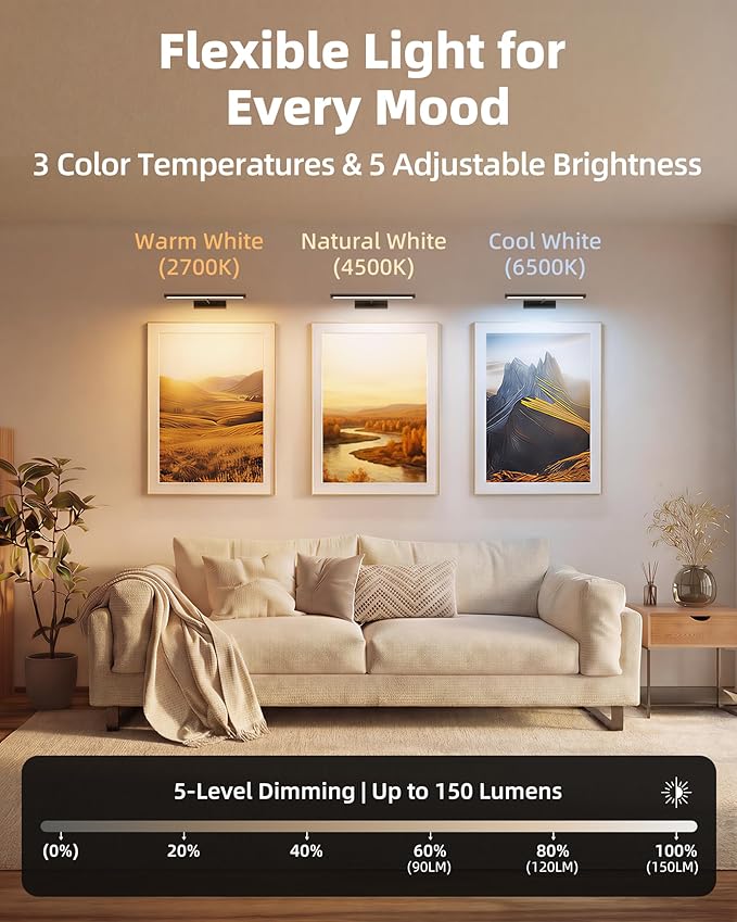 EZVALO Picture Light for Wall, 16'' Black Rechargeable 4800mAh Battery Lights Wireless Remote, Dimmable Magnetic LED Art Painting Light with 3 Color Temperatures, Display for Gallery, Living Room(2P)