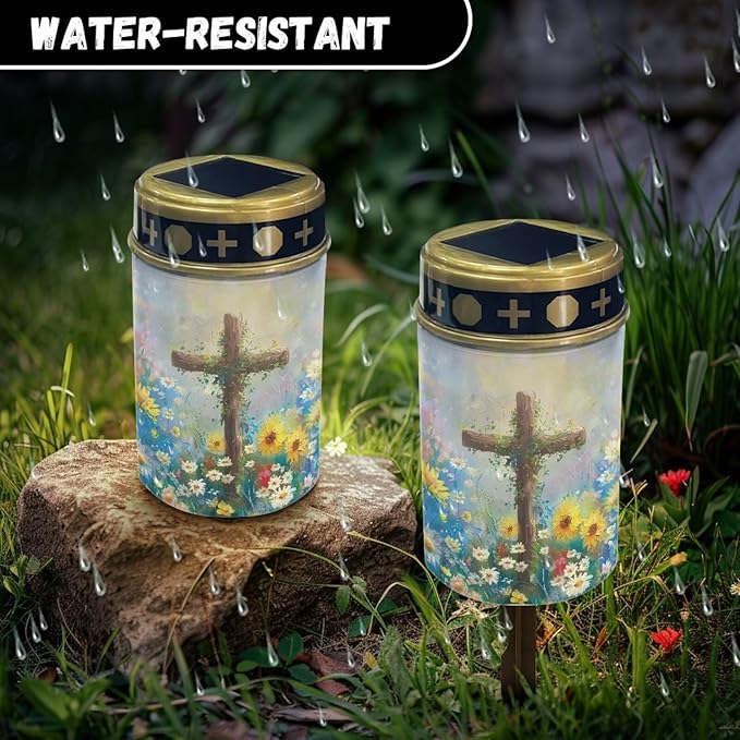 Light for Prayer Cemetery Solar Lights for Grave Cemetery Decor Candle Lamp Cross and Floral Grave Solar Lights Garden Cemetery Decor Memorial Gift
