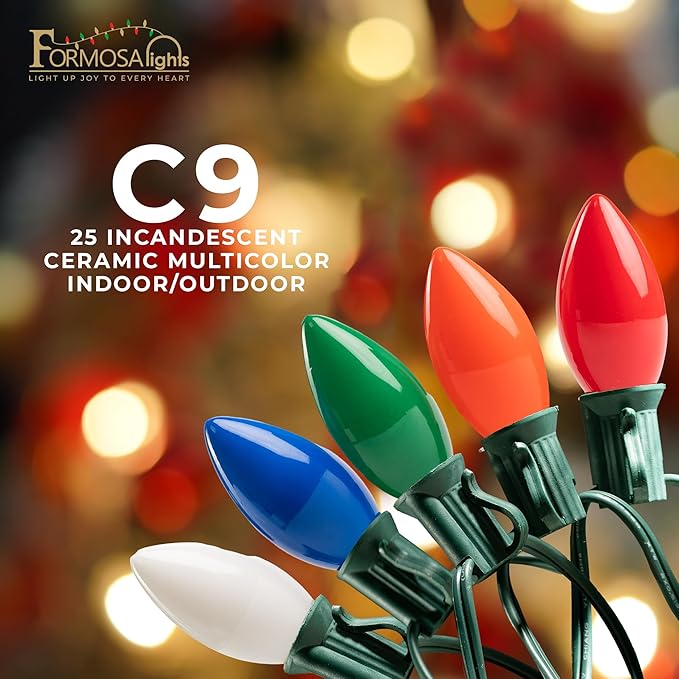 C9 26ft Indoor/Outdoor Ceramic Multicolor Incandescent Christmas String Lights with 25 Bulbs and E17 Base | 120V, 7W