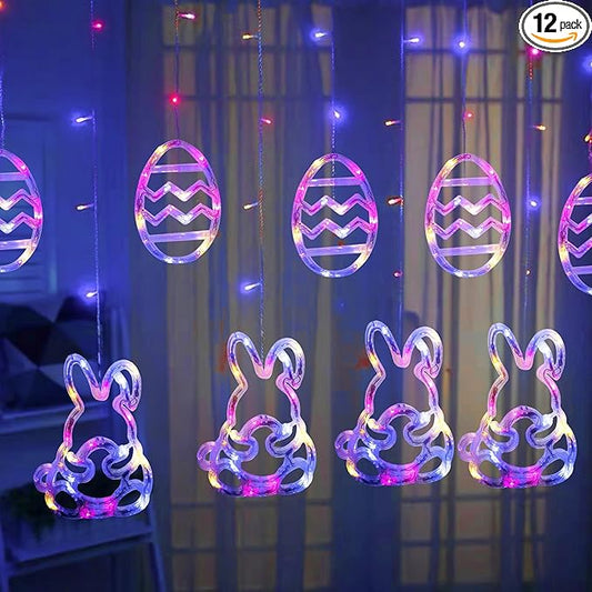 Dazzle Bright Easter Lights, 222LED 9FT Pastel Rabbit and Eggs Curtain String Lights with 8 Modes, Plug in Easter Decorations for Indoor Window Outdoor Party Decor (Multi-Colored)