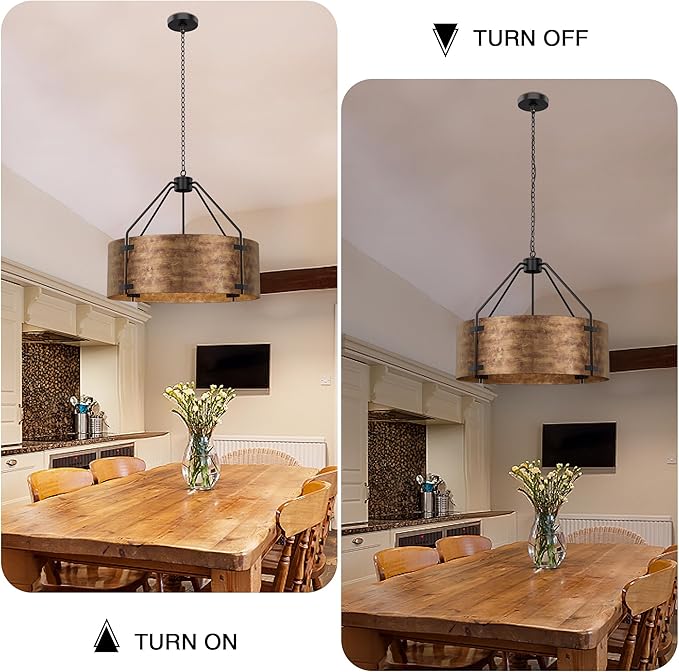 Espird Farmhouse Drum Chandelier, 4-Light, 22in Pendant Light Fixture with Chain, Kitchen Island Pendant Over Table, Rustic Industrial Chandelier for Dining Room, Bedroom, Living Room, Foyer