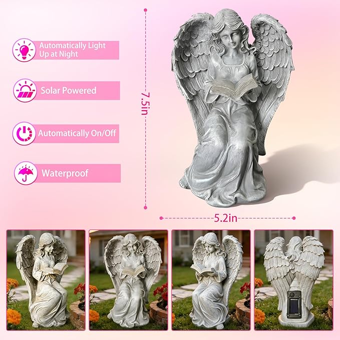 Solar Garden Outdoor Angel Statues with Book - Solar Resin Fairy Waterproof with LED Lights for Balcony Patio Lawn Table Yard Ornaments, Birthday Gifts for Women Mom Grandma