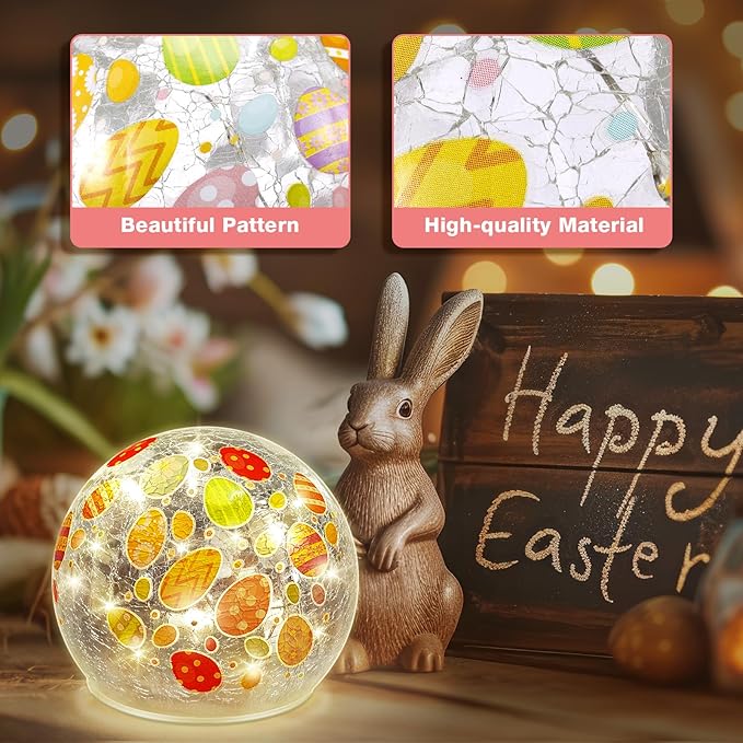 4 Pcs Easter Lighted Decorative Glass Ball 3.9inch Easter Egg Crackle LED Lights for Tabletop Decoration Globe Lamp Battery Operated for Holiday Indoor Party Table Gift
