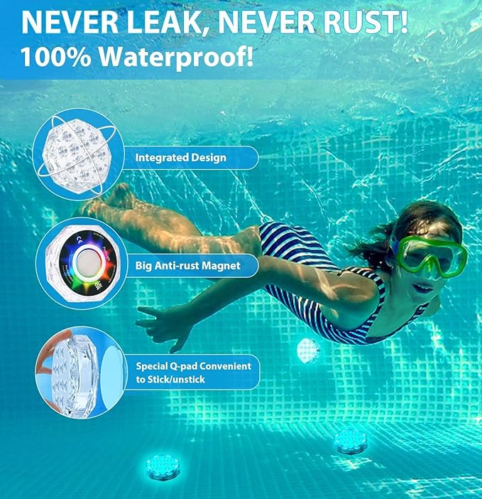 4” 20 LED Submersible LED Light - Independently and Group Controlled Pairable with Remote Magnetic Rechargeable Underwater Pool Light, Super Bright, Super Strong Magnet (1 Pack)