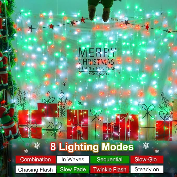 QITONG Red White Green Outdoor String Light, 165ft 500 LED Christmas Lights with 8 Modes, Clear Wire Twinkle Xmas Light Indoor Plug-in