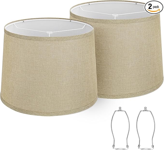 Drum Lampshades Set of 2, Fabric Lampshades for Table Lamps Floor Lamps, Medium Lampshades 11.6" Top x 12.6" Bottom x 9.8" High, Easy Assembly Shades Replacement, Natural Linen Hand Crafted (Spider)