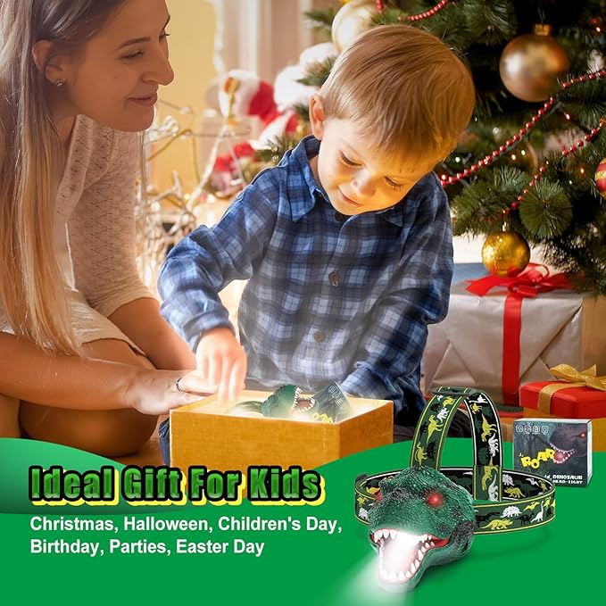 Dinosaur Headlamp for Kids Flashlight Rechargeable Led Dino Head Lamp Roar & Silent Mode, T-Rex Dinosaur Toys for Kids 3 4 5 6 7 8, Camping Gear, Easter Gifts for Boys Girls Adults