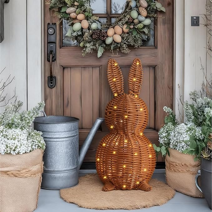 Thyle 1 Pcs Neutral Easter Rattan Bunny Decoration, 13.8 Inch Morden Woven Rabbit Tabletop Centerpiece with 3.28 FT String Light, Rabbit Ornament for Mantel Fireplace Easter Home Tiered Tray Decor