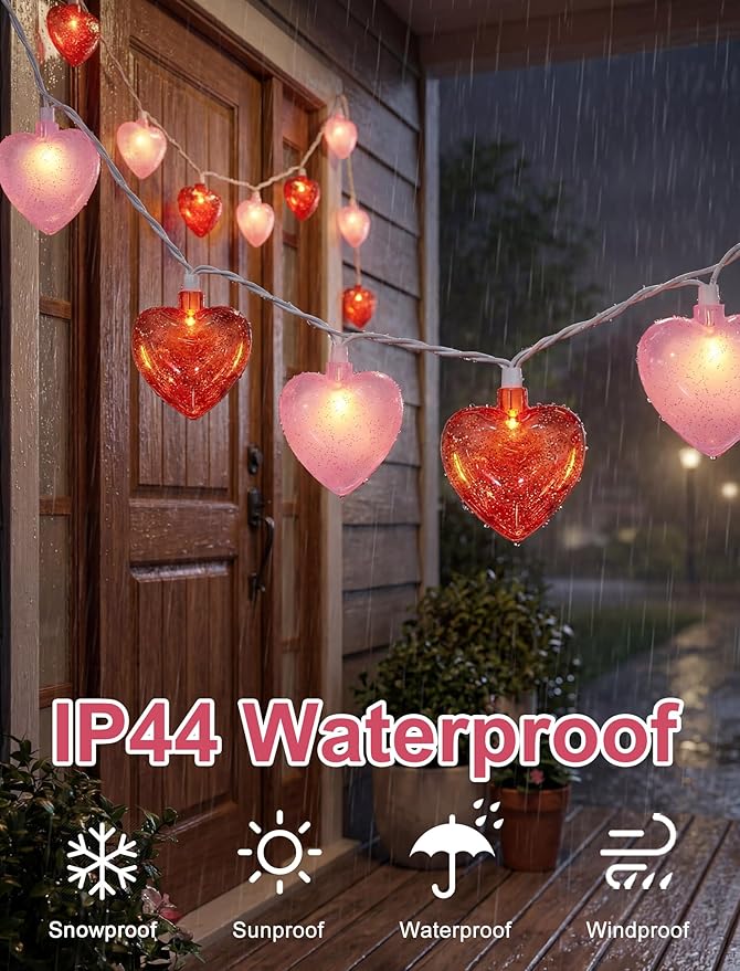 8.5Ft Red and Pink Heart String Lights,10 LED 3D Glitter Hearts Plug in Fairy Heart Shape Lights,Connectable Valentine's Day Decorations for Bedroom,Window,Wedding,Anniversary,Indoor Outdoor