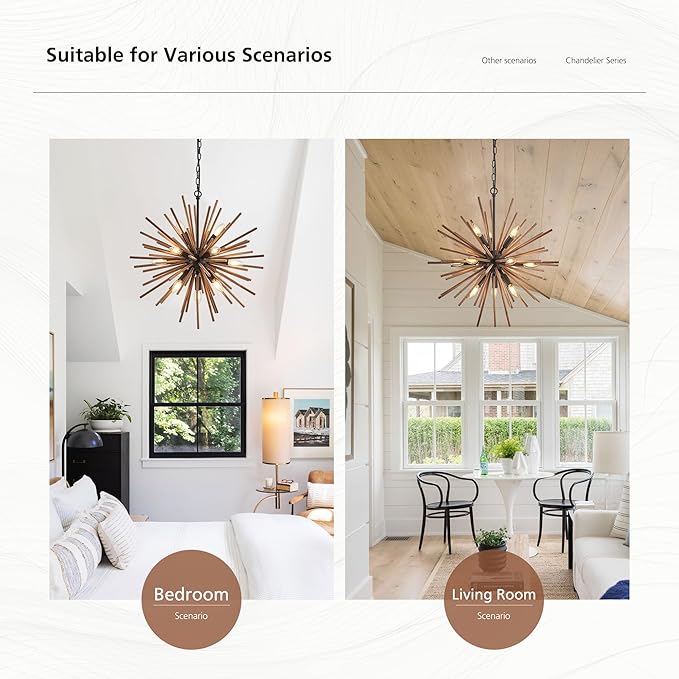23.6" Farmhouse Sputnik Chandelier for Dining Room Rustic Handmade Natural Wood 12-Light Hanging Ceiling Pendant Light Fixture Starburst Wood Chandeliers for Kitchen Bedroom Foyer Hallway