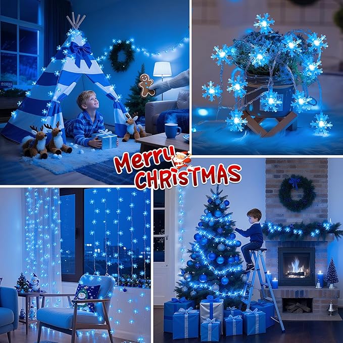Blue Christmas Lights, Snowflake String Lights, 20FT 40 LED Mini Twinkle Lights Indoor, Rechargeable Fairy Lights Battery Operated with 8 Modes & Timer for Bedroom Party Home Xmas Tree Decorations
