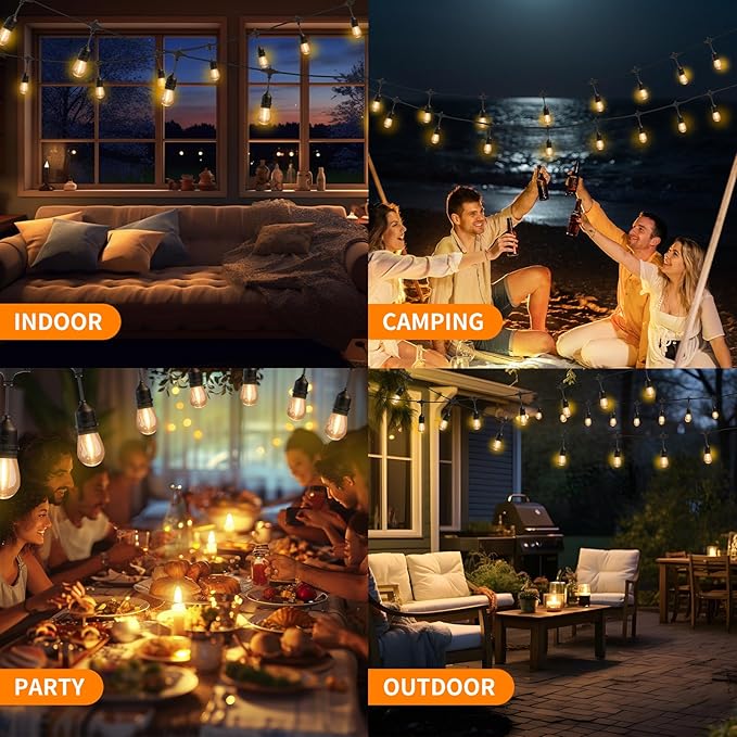 100FT LED Outdoor String Lights with 60+4 Waterproof Bulbs(1.5FT Bulbs Spacing), Remote & Dimmer, Commercial Grade Patio Lights with 3 Mode Light & Timing, 100PC Ties